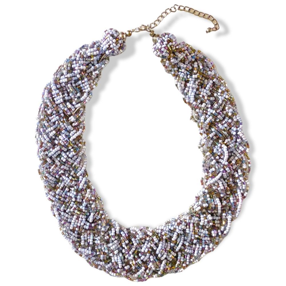 Vintage Seed Bead Choker Necklace White Gold Bronze Adjustable Silver Clasp